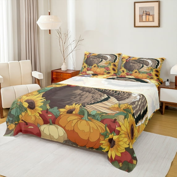 Castle Fairy Thanksgiving Turkey 4-Piece Full Size Sheets for Teens Boys Girls,Sunflower Pumpkin Bed Sheets,Happy Autumn Fall Harvest Lightweight Sheet Sets,Breathable Home Decor