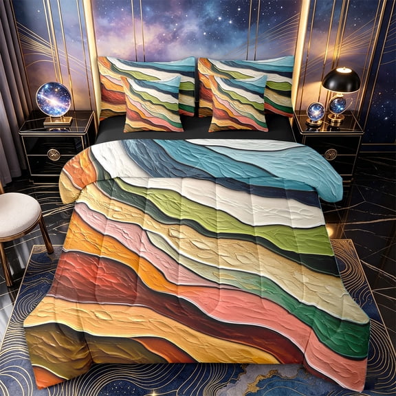 Castle Fairy Thick Impasto Abstract Wave 7-Piece Twin Bedding,Textured Earth Tone Layer Texture Bedding Comforter Set,Rust Sage,Black Reversible