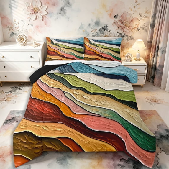 Castle Fairy Thick Impasto Abstract Wave King Size Comforter Sets 3pcs,Textured Earth Tone Layer Texture Comforters King Size,Rust Sage,Black Reversible,1 Comforter and 2 Pillowcases