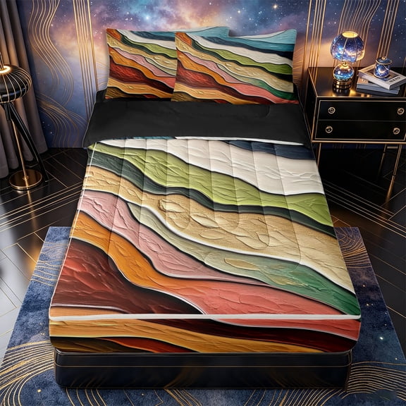 Castle Fairy Thick Impasto Abstract Wave Zipper Twin Comforter Sets with Fitted Sheet and 2 Pillowcases,Textured Earth Tone Layer Texture Zipper Bedding Set,Rust Sage,Black Reversible,4-Piece