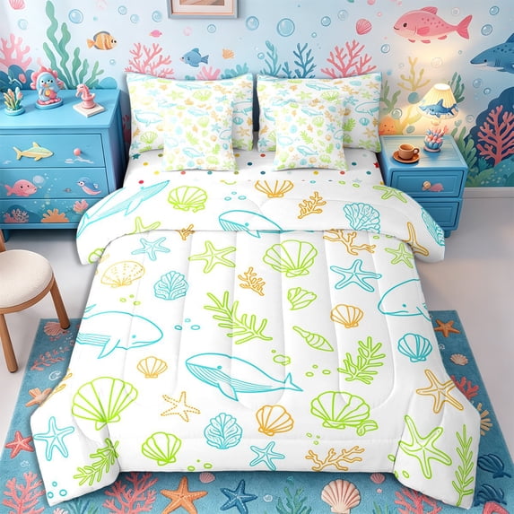 Castle Fairy Thin Line Doodle Whale Seashell 7-Piece Twin Bedding,Starfish Coral White Underwater Tile Bedding Comforter Set,Mint Orange,Reversible