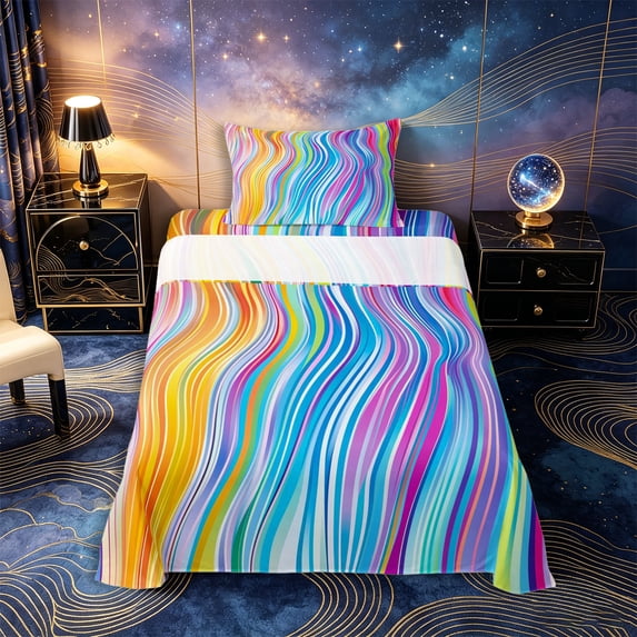 Castle Fairy Thin Line Rainbow Wave Stripes Twin Sheets 3pcs,Smooth Curved Multitone Abstract Tile Bedding,Yellow Lavender,1 Fitted Sheet,1 Flat Sheet and 1 Pillowcase