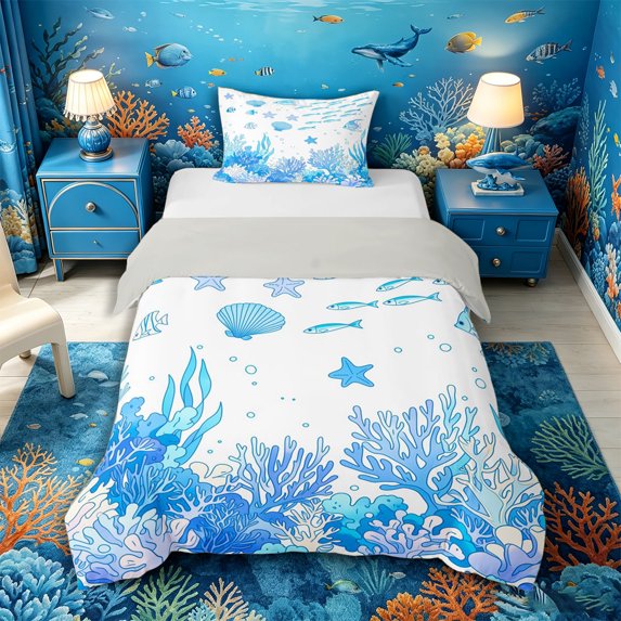 Castle Fairy Thin Line Underwater Reef Tile Twin Duvet Cover,School Fish Starfish Coral Seamless Twin Bedding,Sky White,Grey Reversible,2pcs,No Comforter,1 Duvet Cover and 1 Pillowcase