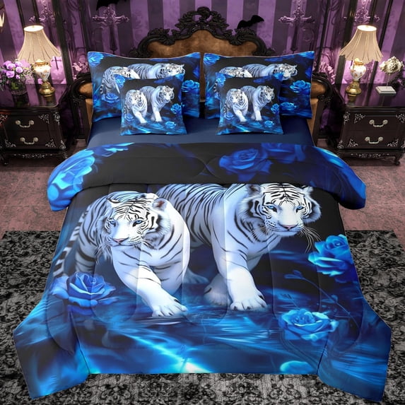 Castle Fairy Tiger Animal Bedding Comforter Set 7pcs for Teens,Chic Floral Blue Rose Queen Bedding Sets Super Cozy,Woodland Wildlife Queen Sheet Sets,Microfiber Bedroom Decor,Reversible