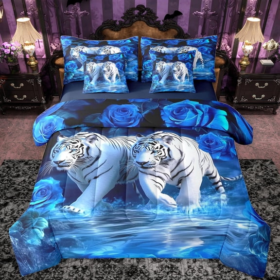 Castle Fairy Tiger Animal Twin Bedding Sets 7-Piece for Kids Teens Adults,Jungle Wildlife Bedding Comforter Set Microfiber,Floral Flower Rose Breathable Sheet Sets,Luxury Bedroom Decor,Reversible