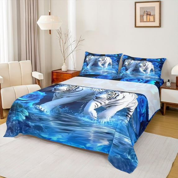 Castle Fairy Tiger Animal Twin Sheet Sets 3pcs for Kids Teens Adults,Jungle Wildlife Twin Fitted Sheet Microfiber,Floral Flower Rose Breathable Flat Sheet,Luxury Bedroom Decor