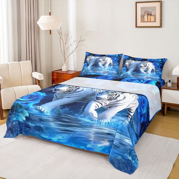 Castle Fairy Tiger Animal Twin Sheet Sets 3pcs for Kids Teens Adults,Jungle Wildlife Twin Fitted Sheet Microfiber,Floral Flower Rose Breathable Flat Sheet,Luxury Bedroom Decor