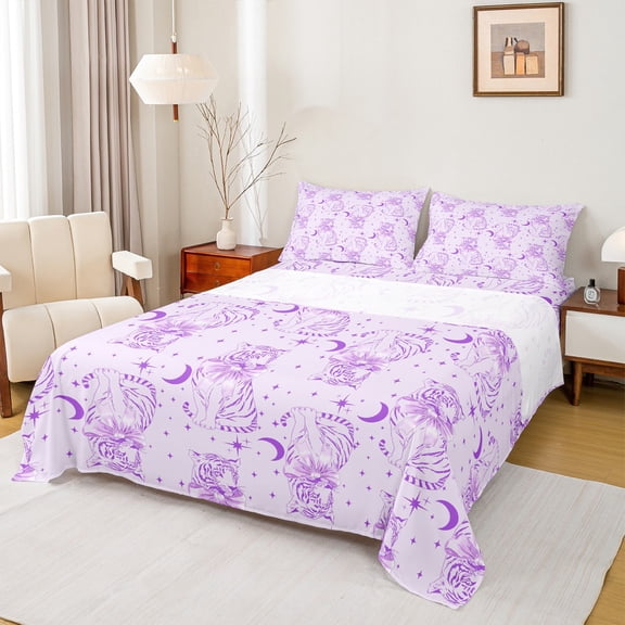 Castle Fairy Tiger Jungle Wildlife 4pcs Bed Sheets for Female Men Women,Animal Leopard King Sheets,Purple Stars Moon Super Cozy Sheet Set,Super Cozy Room Decor