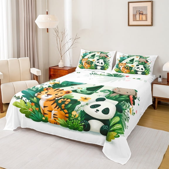 Castle Fairy Tiger Panda Leopard 3pcs Twin Sheet Sets,Cartoon Number Twin Fitted Sheet,Jungle Wildlife Breathable Flat Sheet,Luxury Botanical Bedroom Decor