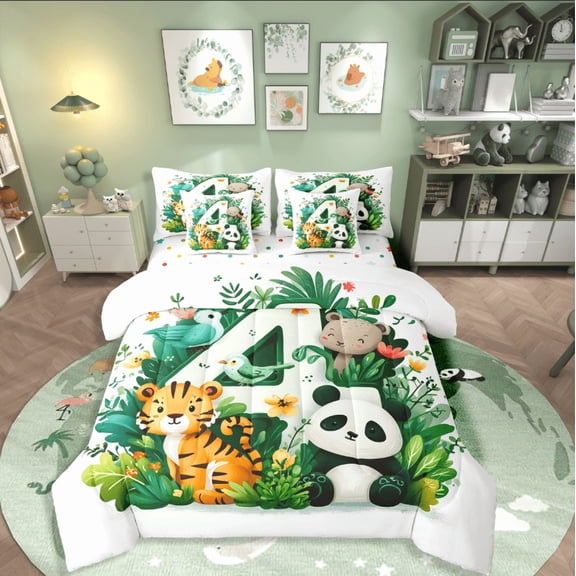 Castle Fairy Tiger Panda Leopard 7-Piece Twin Bedding Sets,Cartoon Number Bedding Comforter Set,Jungle Wildlife Breathable Sheet Sets,Luxury Botanical Bedroom Decor,Reversible