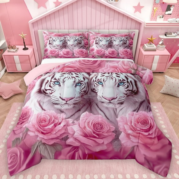 Castle Fairy Tiger Wildlife 3 Pieces Queen Comforter Set for Female Men Women,Pink Rose Flower Ultra Soft Bedding Sets,Woodland Animal Bedding Comforter Set Breathable,Ultra Soft Home Decor