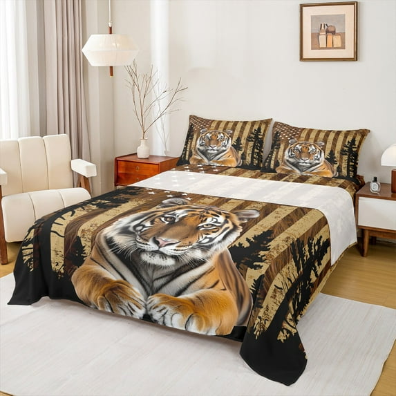 Castle Fairy Tiger Wildlife 3Pcs Twin Sheet Sets for Teens,Retro Vintage Twin Fitted Sheet,USA Flag Breathable Flat Sheet,Breathable Home Decor