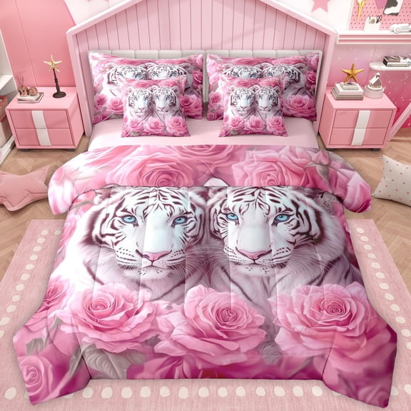 Castle Fairy Tiger Wildlife Bedding Comforter Set 7-Piece for Female Men Women,Pink Rose Flower King Bedding Sets,Woodland Animal Ultra Soft Bed Sheets,Ultra Soft Home Decor,Reversible