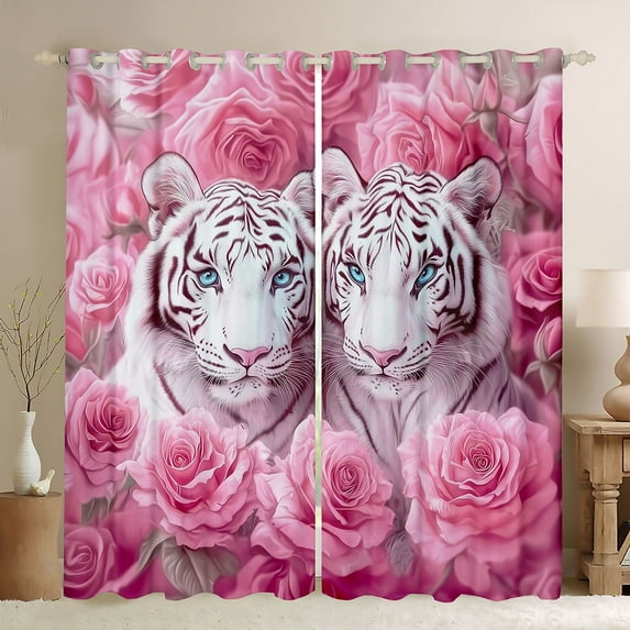 Castle Fairy Tiger Wildlife Curtains Pack of 2 (42x84 Each) for Female Men Women,Pink Rose Flower Curtains Blackout,Woodland Animal Bedroom Curtains,Ultra Soft Home Decor