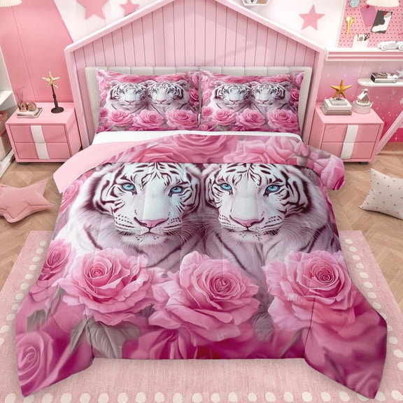 Castle Fairy Tiger Wildlife Full Size Comforter Sets 3-Piece for Female Men Women,Pink Rose Flower Bedding Comforter Set,Woodland Animal Lightweight Bedding Sets,Ultra Soft Home Decor,Reversible