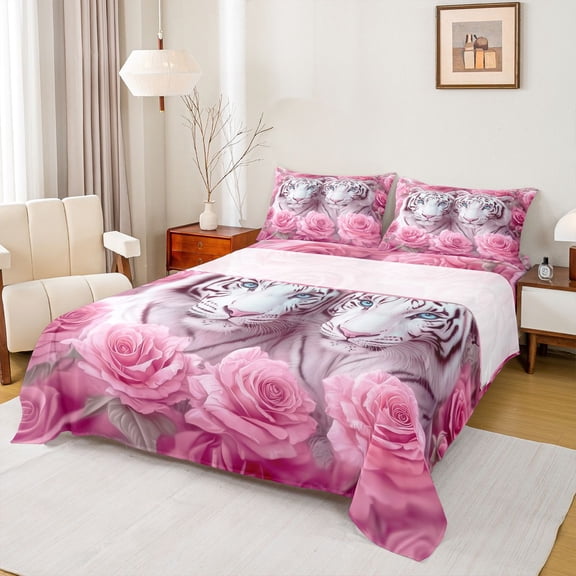 Castle Fairy Tiger Wildlife Full Size Sheets 4-Piece for Female Men Women,Pink Rose Flower Breathable Bed Sheets,Woodland Animal Lightweight Sheet Sets,Ultra Soft Home Decor