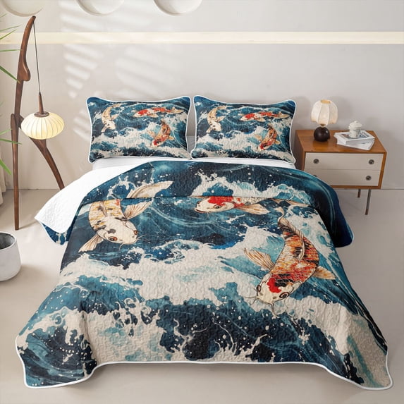 Castle Fairy Traditional Koi Carp Bed Spread Queen,Foamy Blue Wave Oriental Graphic Queen Coverlet Set,Orange Deep