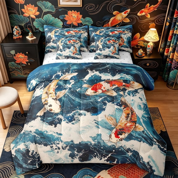 Castle Fairy Traditional Koi Carp Full Size Bedding Sets 7 Pieces,Foamy Blue Wave Oriental Graphic Full Size Bed in a Bag,Orange Deep,Reversible