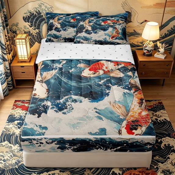 Castle Fairy Traditional Koi Carp Zipper Full Size Comforter Sets with Fitted Sheet and 2 Pillowcases,Foamy Blue Wave Oriental Graphic Zipper Bedding Set,Orange Deep,Reversible,4pcs