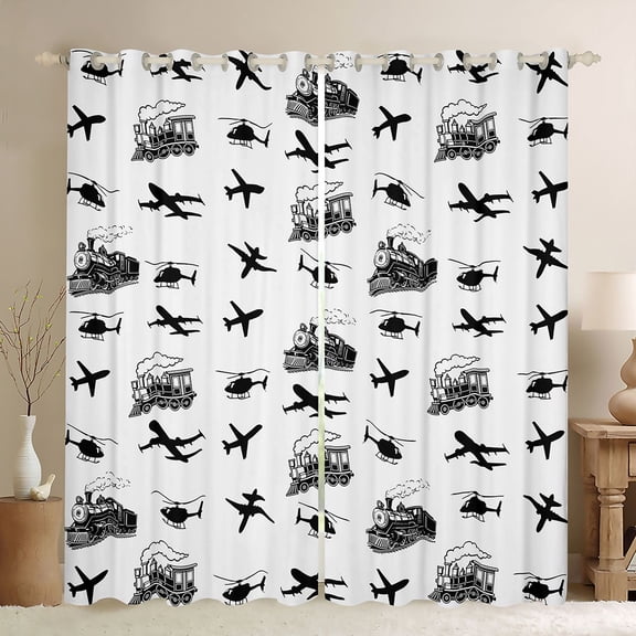 Castle Fairy Transport Silhouette Black Out Curtains for Kids, Plane Train Curtains Pack of 2 (42x63 Each) for Bedroom, Black and White