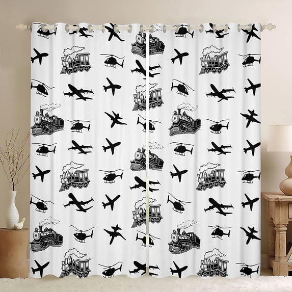 Castle Fairy Transport Silhouette Blackout Curtains Set of 2 (52x84 Each) for Kids, Plane Train Window Curtains for Bedroom, Black and White
