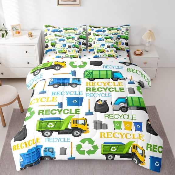 Castle Fairy Trash Truck Boy 7-Piece Bedding Comforter Set, King Size, Garbage Truck, Cartoon Truck