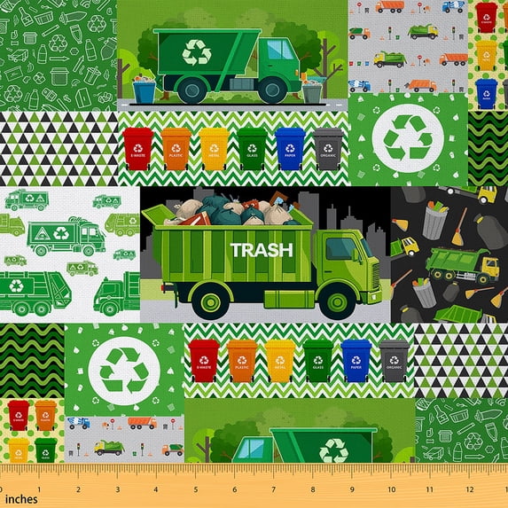 Castle Fairy Trash Truck Fabric by the Yard 3 Yards for Teenagers,Abstract Geometric Sewing Fabric,Cartoon Car Fabric for Sewing,Breathable Home Decor