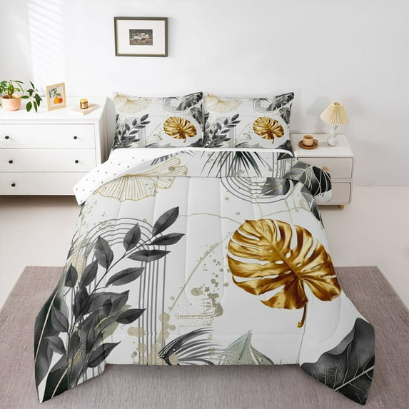 Castle Fairy Tree Leaves Full Size Comforter Sets 3-Piece for Teens Adults,Tropical Plants Bedding Comforter Set,Abstract Geometric Stripes Lightweight Bedding Sets,Lightweight Room Decor,Reversible