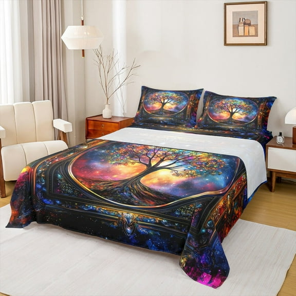 Castle Fairy Tree Of Life 3pcs Twin Sheet Sets,Gradient Galaxy Twin Fitted Sheet,Bohemian Theme Breathable Flat Sheet,Microfiber Teenager Bedroom Decor
