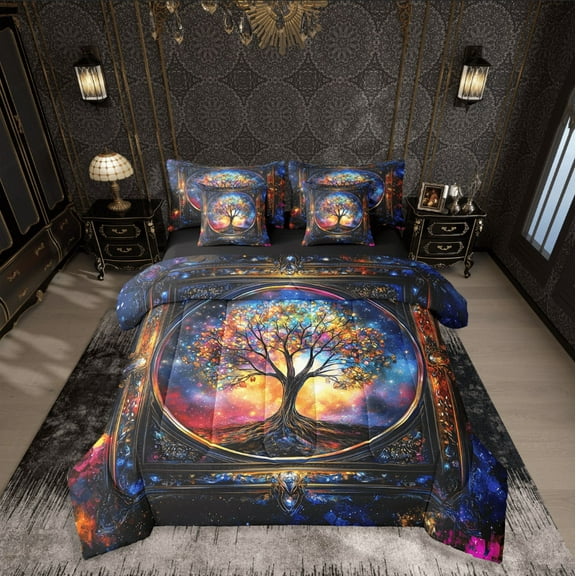 Castle Fairy Tree Of Life 7-Piece Twin Bedding Sets,Gradient Galaxy Bedding Comforter Set,Bohemian Theme Breathable Sheet Sets,Microfiber Teenager Bedroom Decor,Reversible