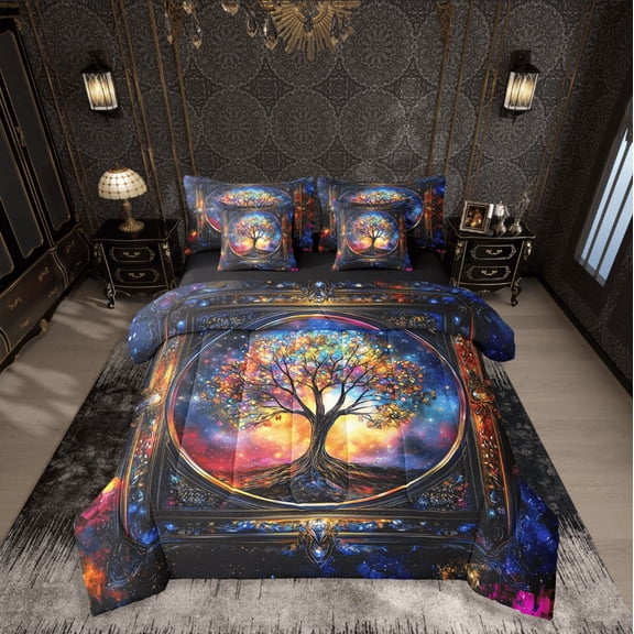 Castle Fairy Tree Of Life 7pcs Bedding Comforter Set,Gradient Galaxy Queen Bedding Sets Super Cozy,Bohemian Theme Queen Sheet Sets,Microfiber Teenager Bedroom Decor,Reversible
