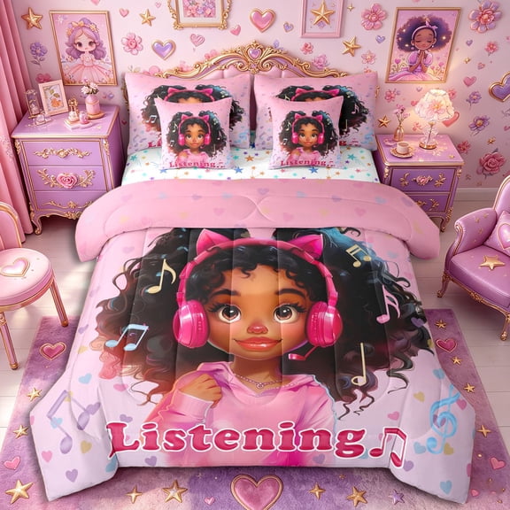 Castle Fairy Trendy Black Girl Twin Bedding 7-Piece,Pink Headphone Design Bedding Comforter Set,Pink