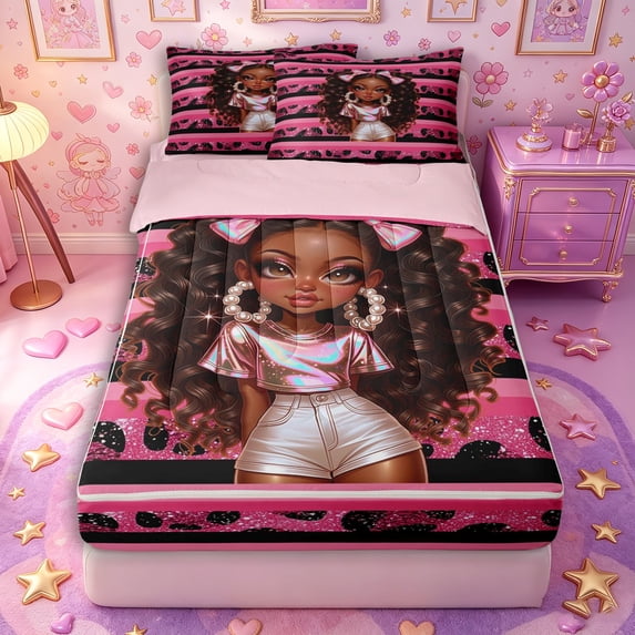 Castle Fairy Trendy Cool Curly Girl Zipper Full Size Comforter Sets with Fitted Sheet and 2 Pillowcases,Glitter Leopard Stripe Zipper Bedding Set,Pink Black White,Pink Reversible,4pcs