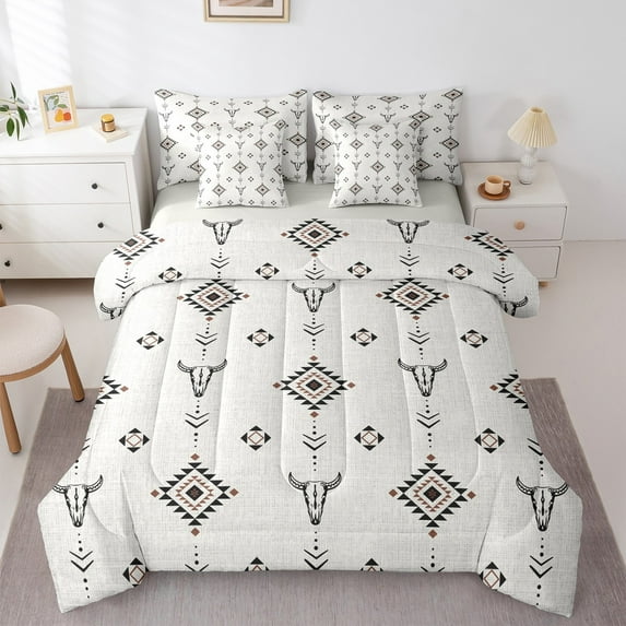 Castle Fairy Tribal Aztec 7 Pieces Bedding Comforter Set,Bull Skull Full Bedding Set Lightweight,Bohemian Theme Fitted Sheet Flat Sheet,Ultra Soft Hippie Home Decor,Reversible