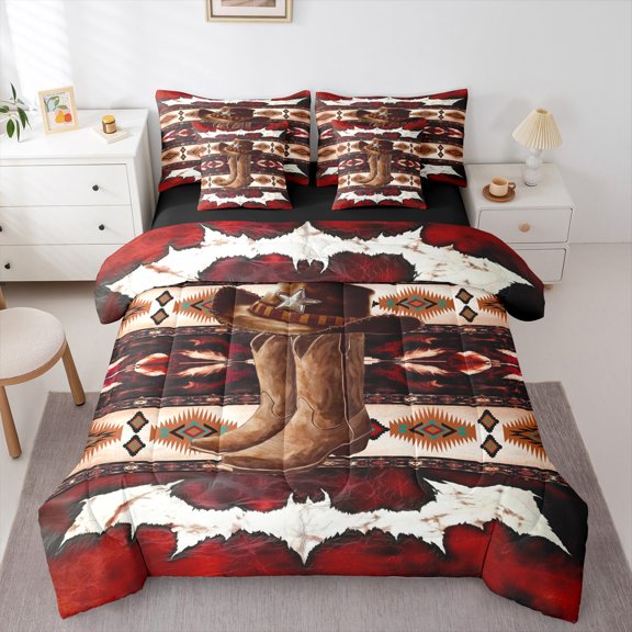 Castle Fairy Tribal Aztec Bedding Comforter Set,Western Boots Hat King Bedding Sets