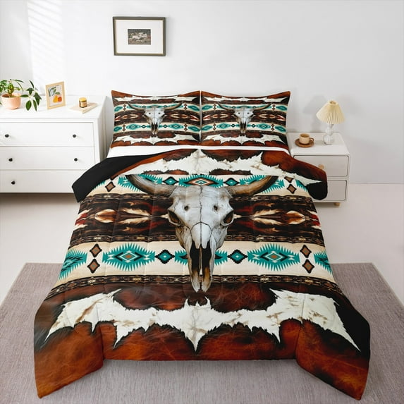 Castle Fairy Tribal Aztec Queen Comforter Set,Boho Bull Skull Bedding Comforter Set