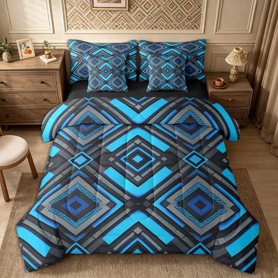 Castle Fairy Tribal Diamond Layer 7-Piece Twin Bedding,Geometric Chevron Frame Bedding Comforter Set,Cyan Black Gray,Reversible