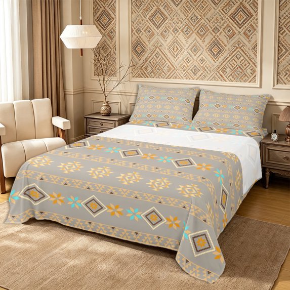 Castle Fairy Tribal Floral Band Queen Sheets 4 Pieces,Boho Geometric Aztec Queen Sheet Sets,Taupe Gold Cyan,1 Flat Sheet, 1 Fitted Sheet and 2 Pillowcases