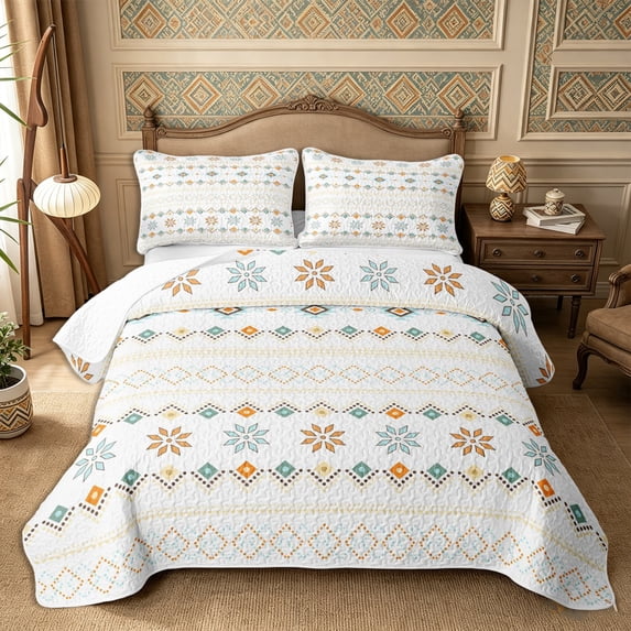 Castle Fairy Tribal Horizontal Border Quilt King 3 Pieces,Boho Floral Star Graphic King Coverlet Set,Off-White Sage Orange,1 Bedspread and 2 Pillowcases