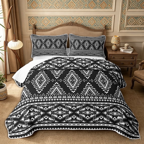 Castle Fairy Tribal Rhombus Band Twin Quilt Set 2 Pieces,Bohemian Triangle Motif Twin Coverlet Set,Black White,1 Bedspread and 1 Pillowcase