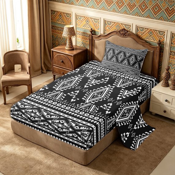 Castle Fairy Tribal Rhombus Band Twin Sheets 3pcs,Bohemian Triangle Motif Bedding,Black White,1 Flat Sheet, 1 Fitted Sheet and 1 Pillowcase