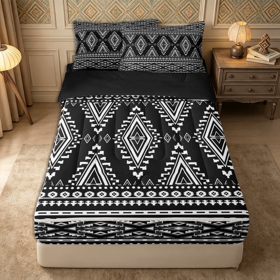 Castle Fairy Tribal Rhombus Band Zipper Full Size Comforter Sets with Fitted Sheet and 2 Pillowcases,Bohemian Triangle Motif Zipper Bedding Set,Black White,Reversible