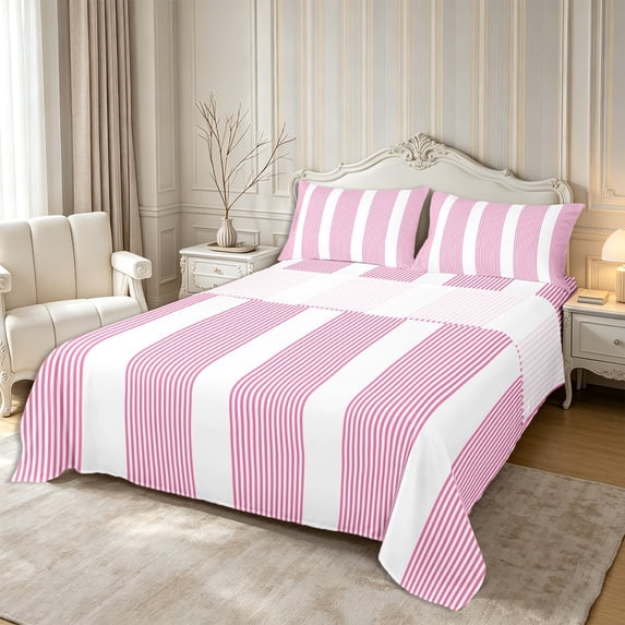 Castle Fairy Tribal Thin Vertical Stripe Bed Sheets 4-Piece,Minimalism Wide Band Full Size Sheets,Pink White,1 Flat Sheet, 1 Fitted Sheet and 2 Pillowcases