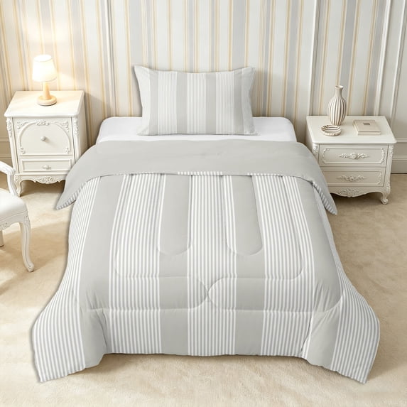 Castle Fairy Tribal Thin Vertical Stripe Twin Comforter Sets 2pcs,Minimalism Wide Band Bedding Set,Greige White,Reversible,1 Comforter and 1 Pillowcase