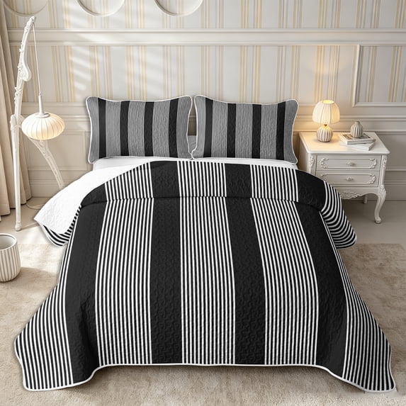 Castle Fairy Tribal Thin Vertical Stripe Twin Quilt Set 2 Pieces,Minimalism Wide Band Twin Coverlet Set,Black White,1 Bedspread and 1 Pillowcase