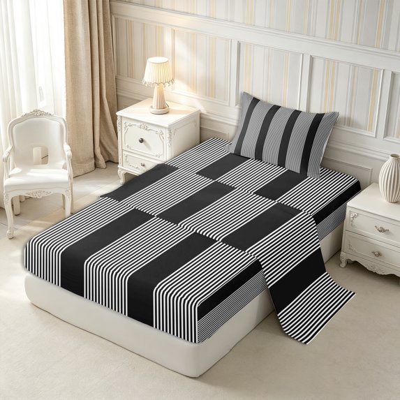 Castle Fairy Tribal Thin Vertical Stripe Twin Sheets 3pcs,Minimalism Wide Band Bedding,Black White,1 Flat Sheet, 1 Fitted Sheet and 1 Pillowcase