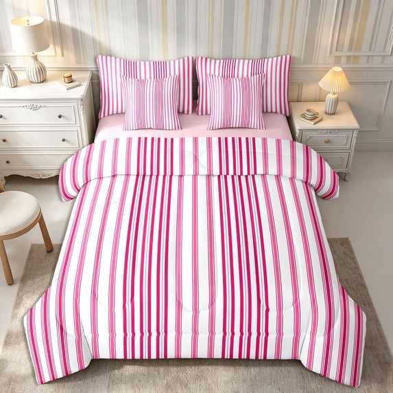 Castle Fairy Tribal Vertical Stripe King Bedding 7pcs,Watercolor Thin Line King Bed in a Bag,Magenta Rose White,Reversible