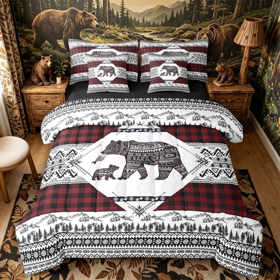 Castle Fairy Tribal Wildlife Bear Full Size Bedding Sets 7 Pieces,Boho Aztec Geometric Plaid Full Size Bed in a Bag,Black Reversible