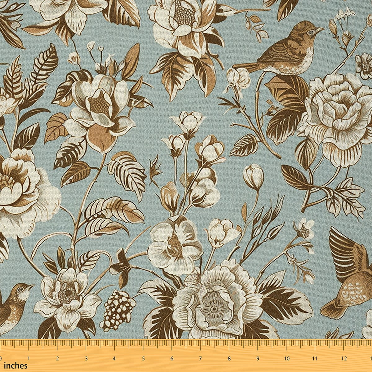 Castle Fairy Tropical Floral Fabric by the Yard 5 Yards for Girls, Vintage Bird Sewing Fabric, Brown Beige Blue Room Decor Fabric by the Yard, Luxury Bedroom Decor
