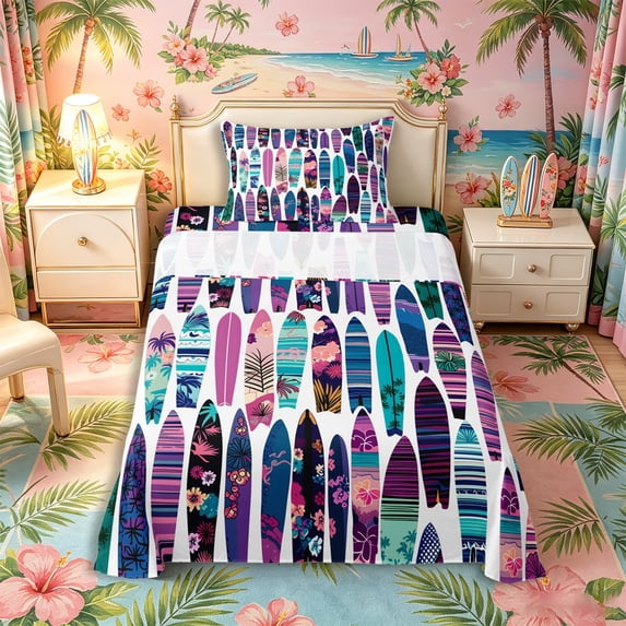 Castle Fairy Tropical Floral Surfboard Twin Sheets 3pcs,Palm Hibiscus Board Seamless Bedding,Purple Teal,1 Fitted Sheet,1 Flat Sheet and 1 Pillowcase